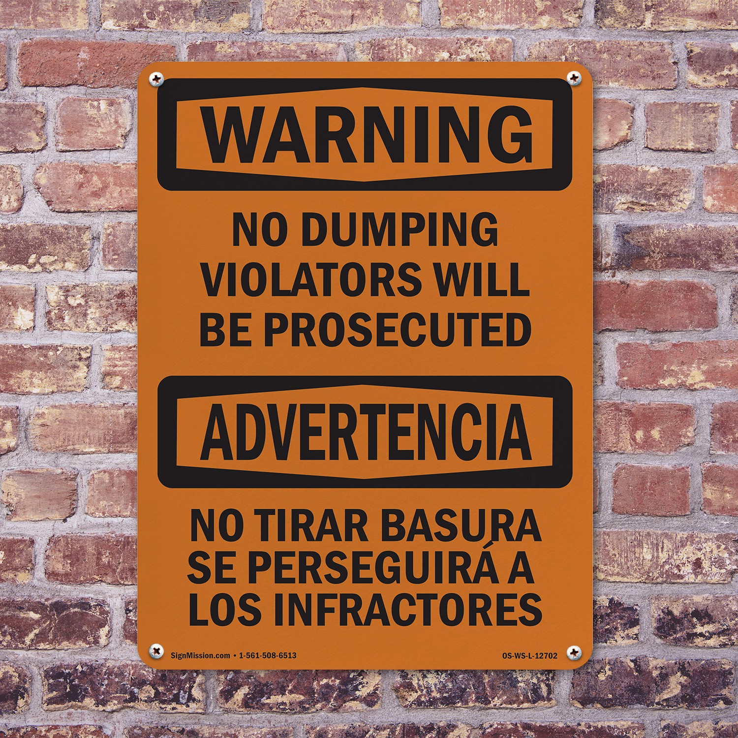 No Dumping Violators Prosecuted Bilingual OSHA WARNING Sign, Decal 5 or 10 Pack