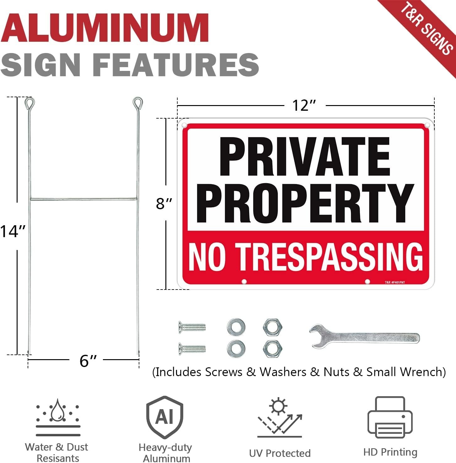 No Trespassing Sign Private Property Sign with H Stake for Outside, Pack,2″x8…