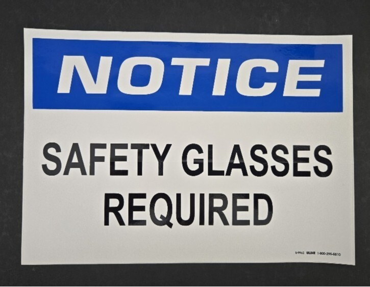 NOTICE SAFETY GLASS REQUIRED Adhesive Vinyl Sign Decal 7 x 10 S-9962 Uline USA