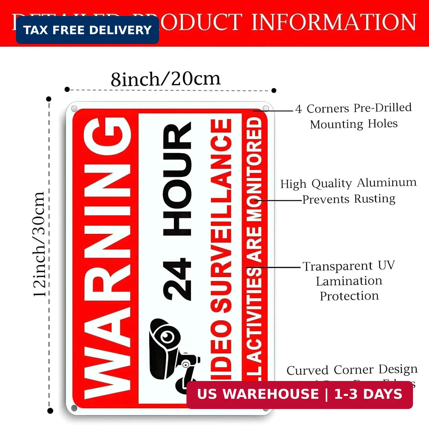 4 Pack Video Surveillance Signs, 8 x 12 Inch Aluminum Camera Signs, CCTV Securit