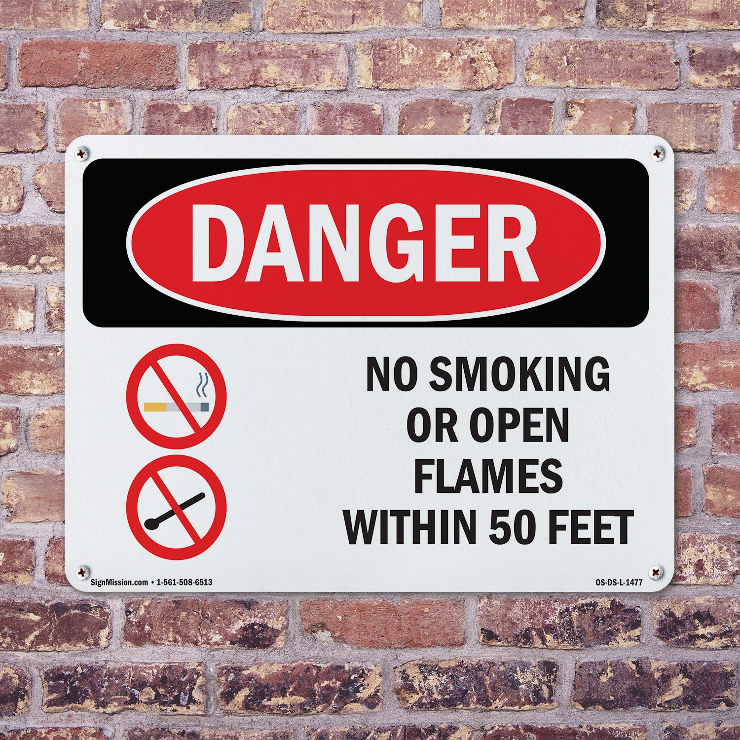 No Smoking Or Open Flames Within 50 Feet OSHA Danger Sign, Decal 5 or 10 Pack