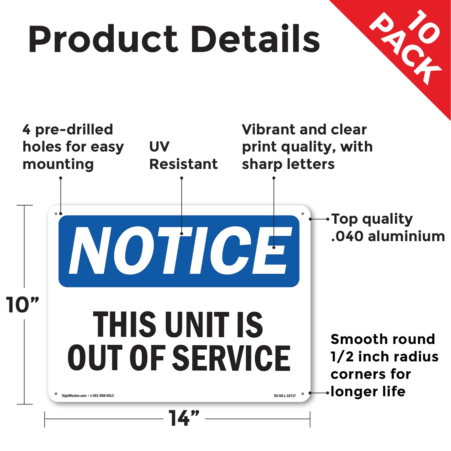 This Unit Is Out Of Service OSHA Notice Sign Metal, Plastic, Decal 5 or 10 Pack
