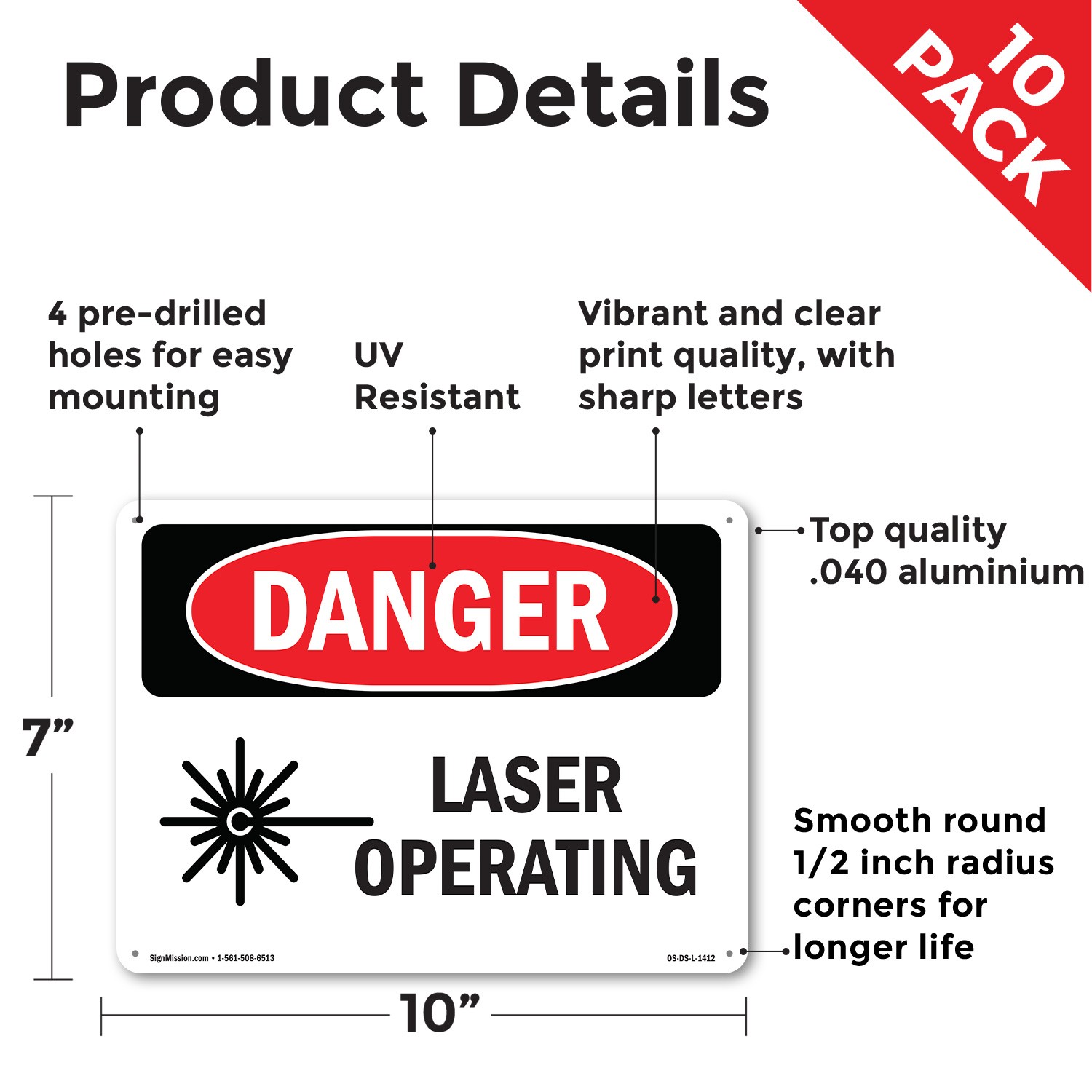 Laser Operating OSHA Danger Sign Metal, Plastic, Or Decal – 5 or 10 Pack