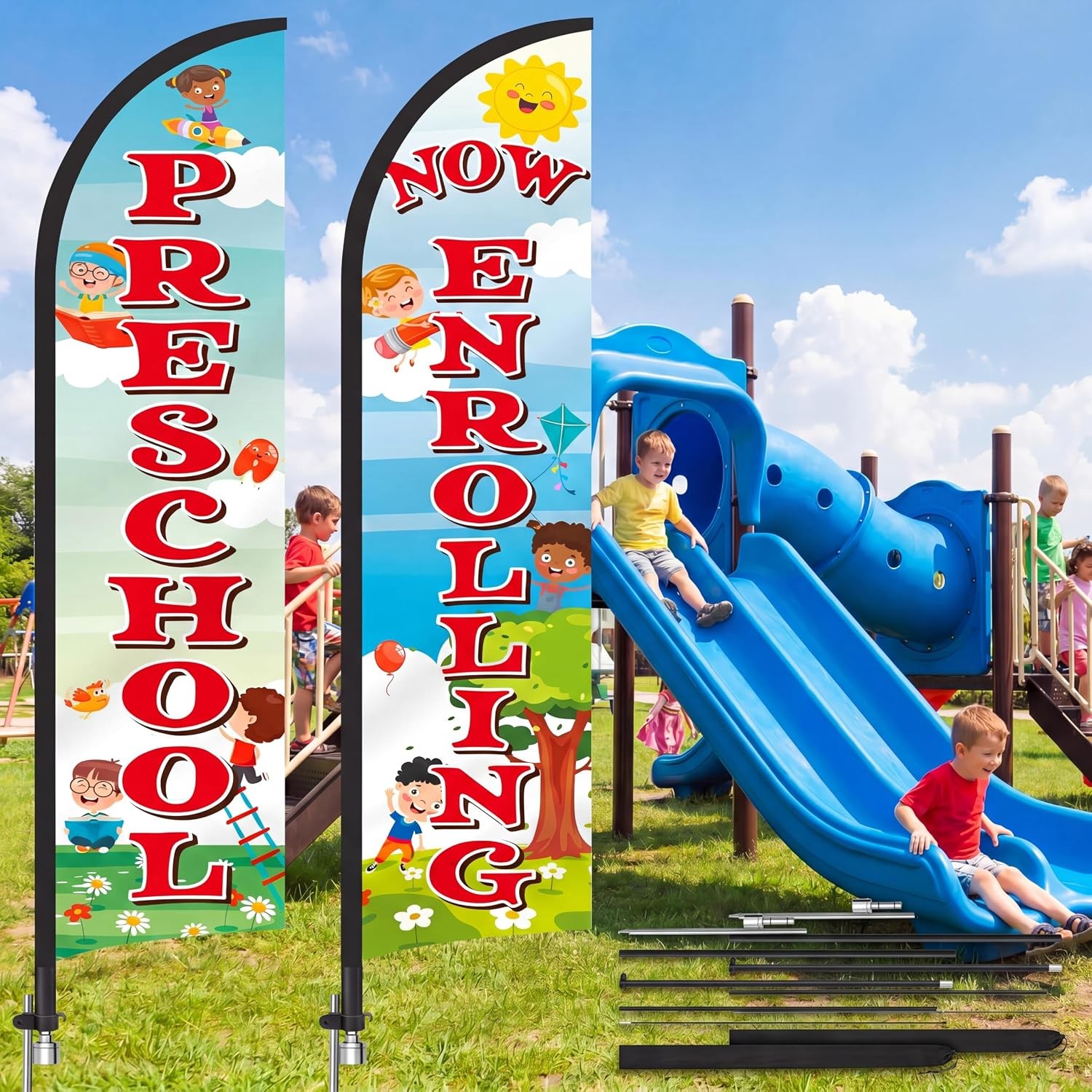 2 Pack 15ft x 2.5ft Now Enrolling Childcare Feather Flag Set Swooper Flag