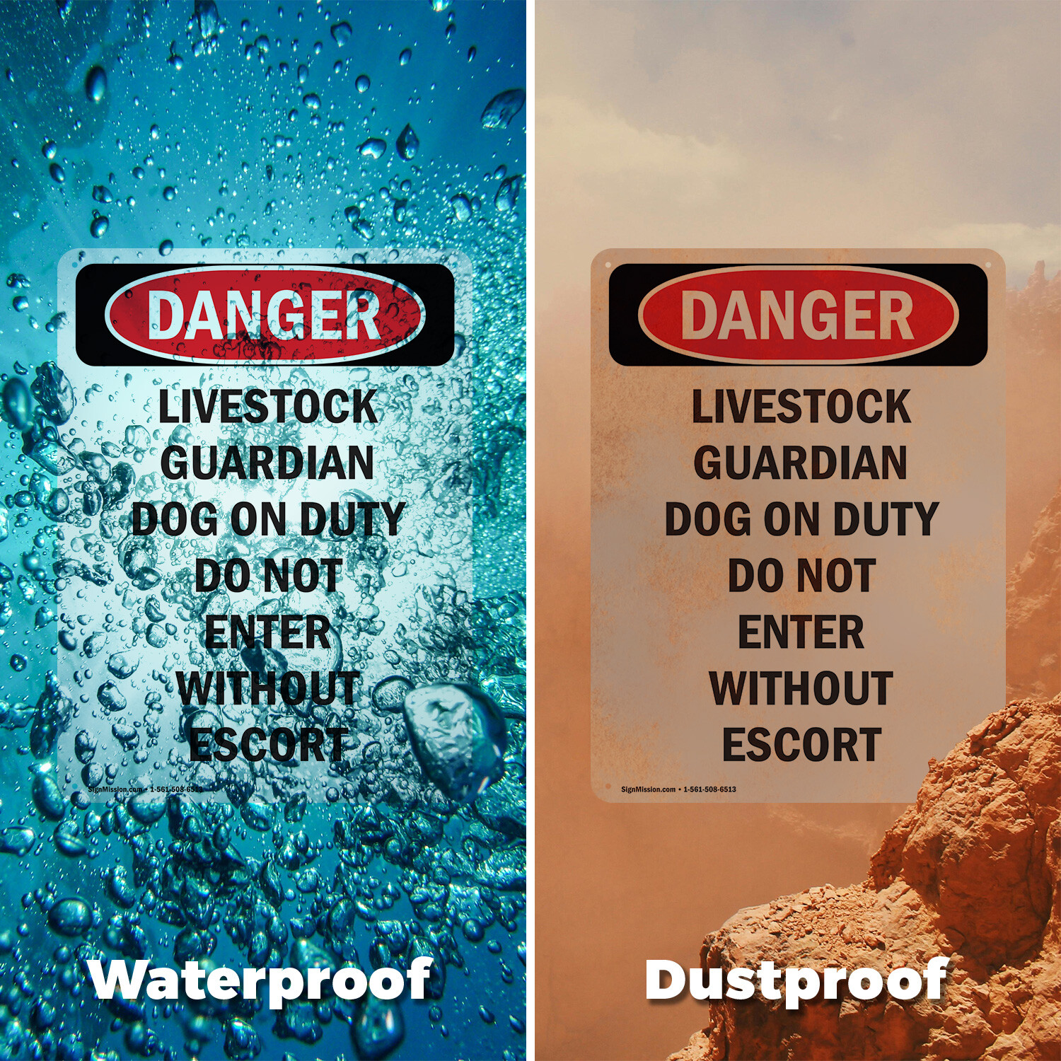 (2 Pack) Livestock Guardian Dog On Duty OSHA Danger Sign Decal Metal Plastic