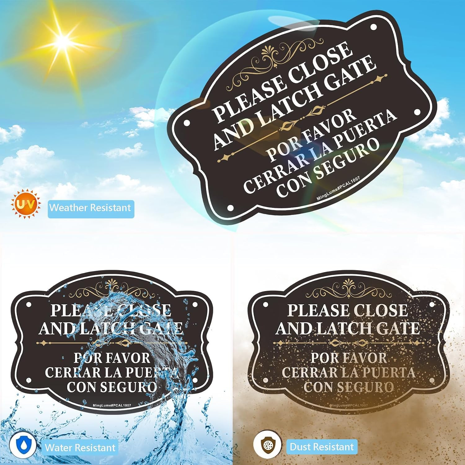 Please Close Latch Gate Bilingual Signs 10×7 Inch English Spanish 2 Pack