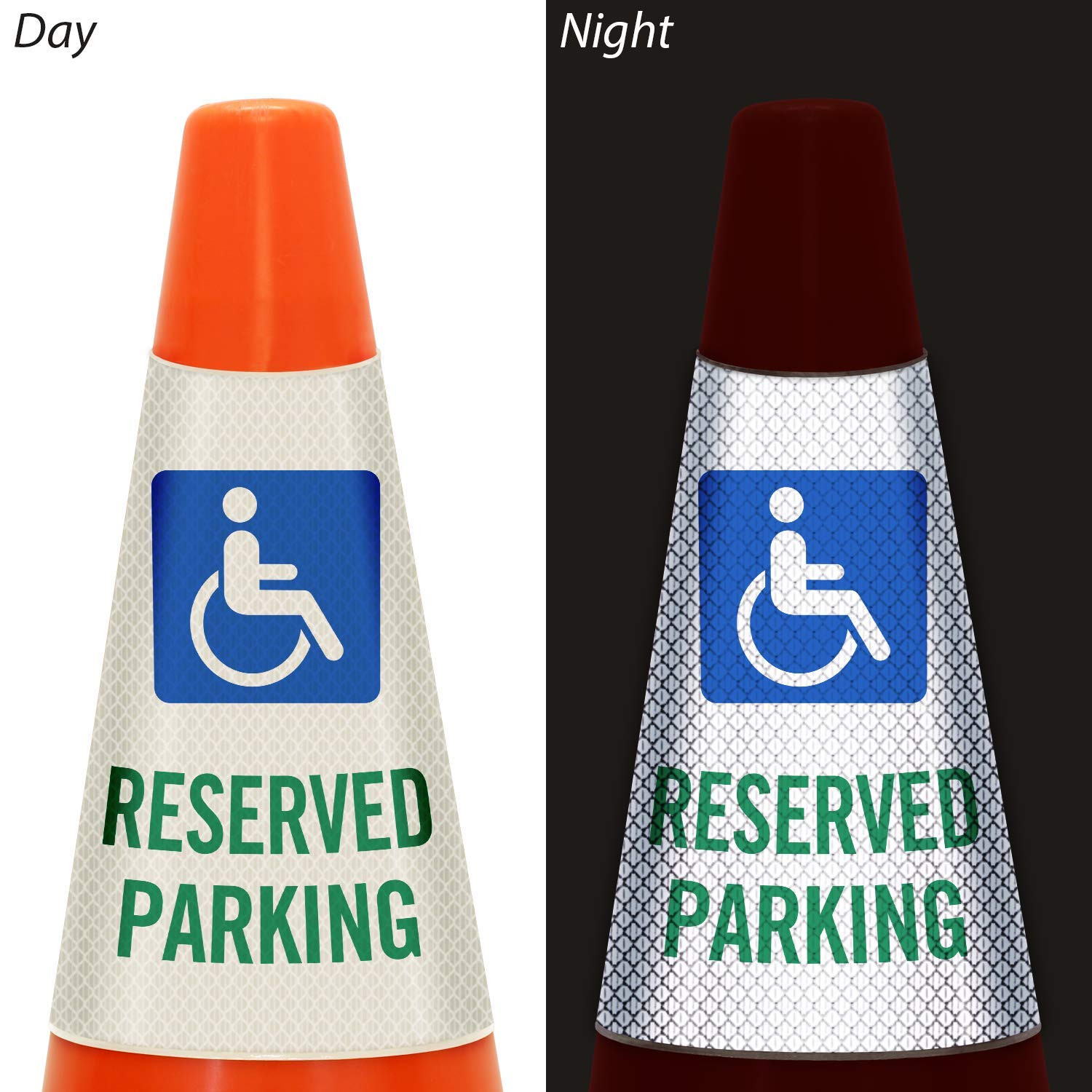 “Reserved Parking with Handicapped Symbol” Bright Reflective Cone Message Sleeve