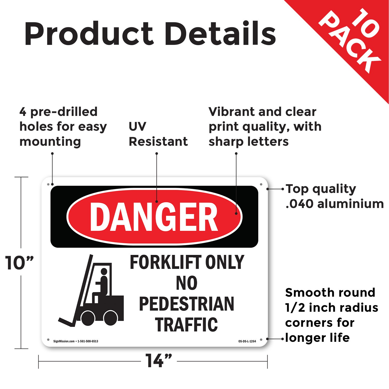 Forklift Only No Pedestrian Traffic OSHA Danger Sign Or Decal – 5 or 10 Pack