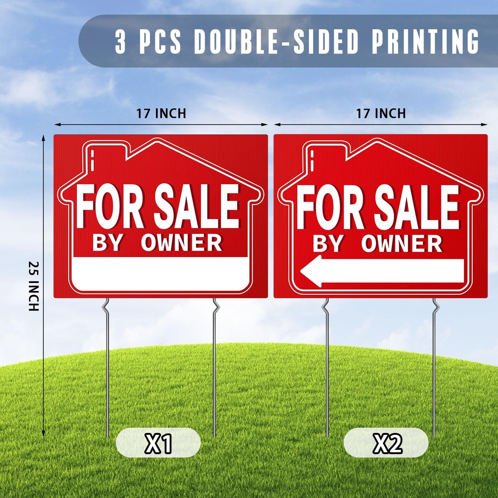 For Sale By Owner Yard Signs (3 Pack) – 18″ X 14″ Double-Sided with H Stakes