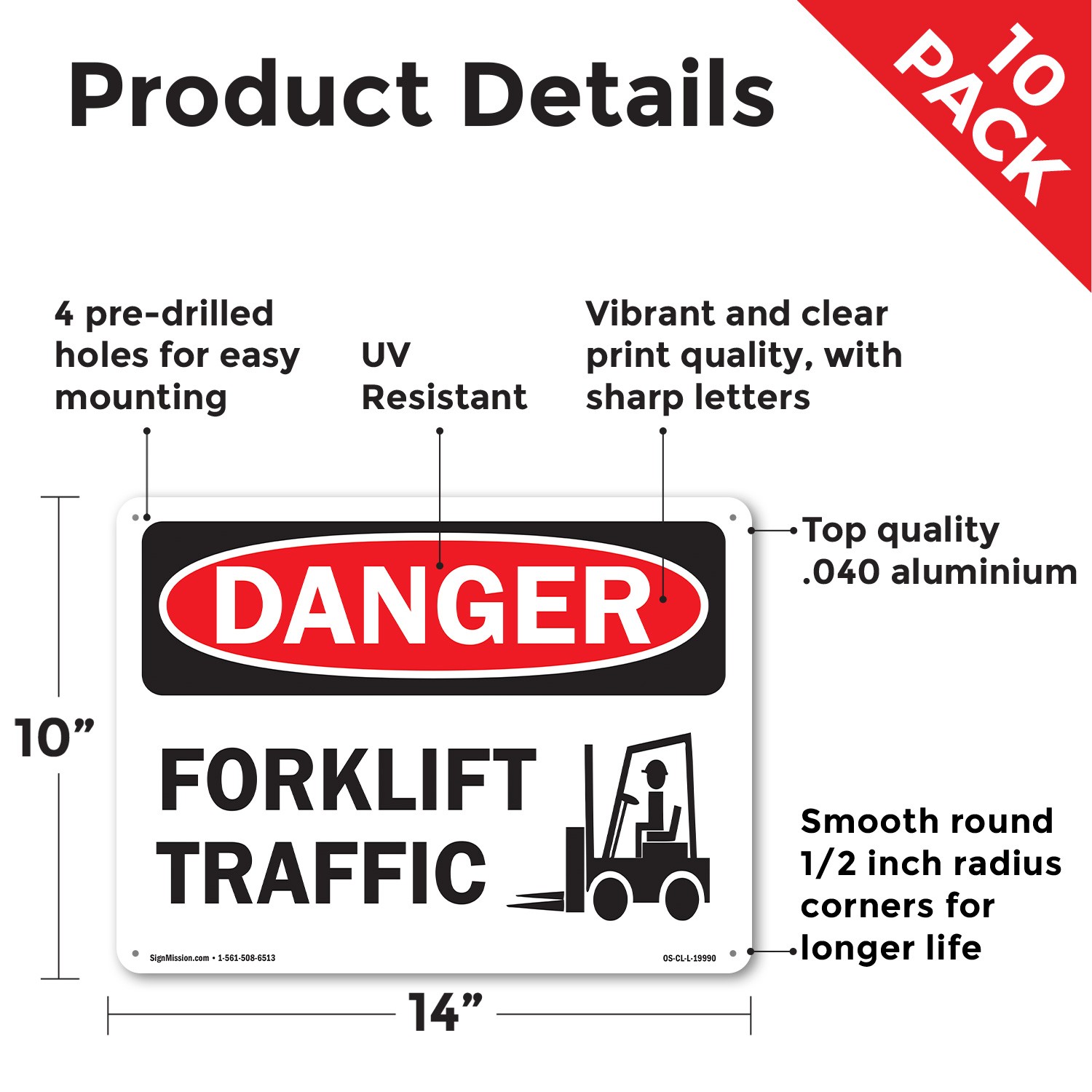 Forklift Traffic OSHA Danger Sign Metal, Plastic, Or Decal – 5 or 10 Pack