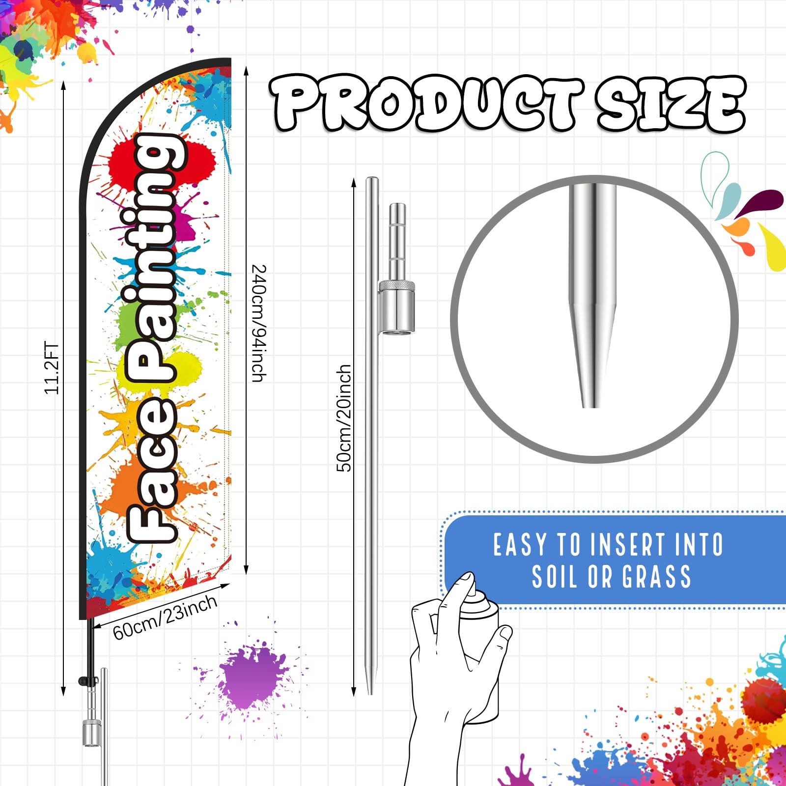 Face Painting Feather Flag with Pole 11.5 ft Windless Banner Ground Stake Pro