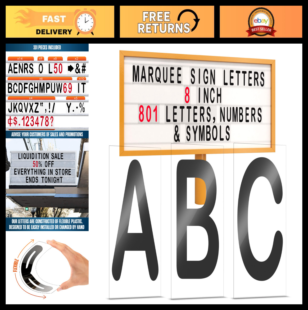Changeable Marquee Letters 8” for Outdoor Signage – Plastic Plexiglass, 301PC Se