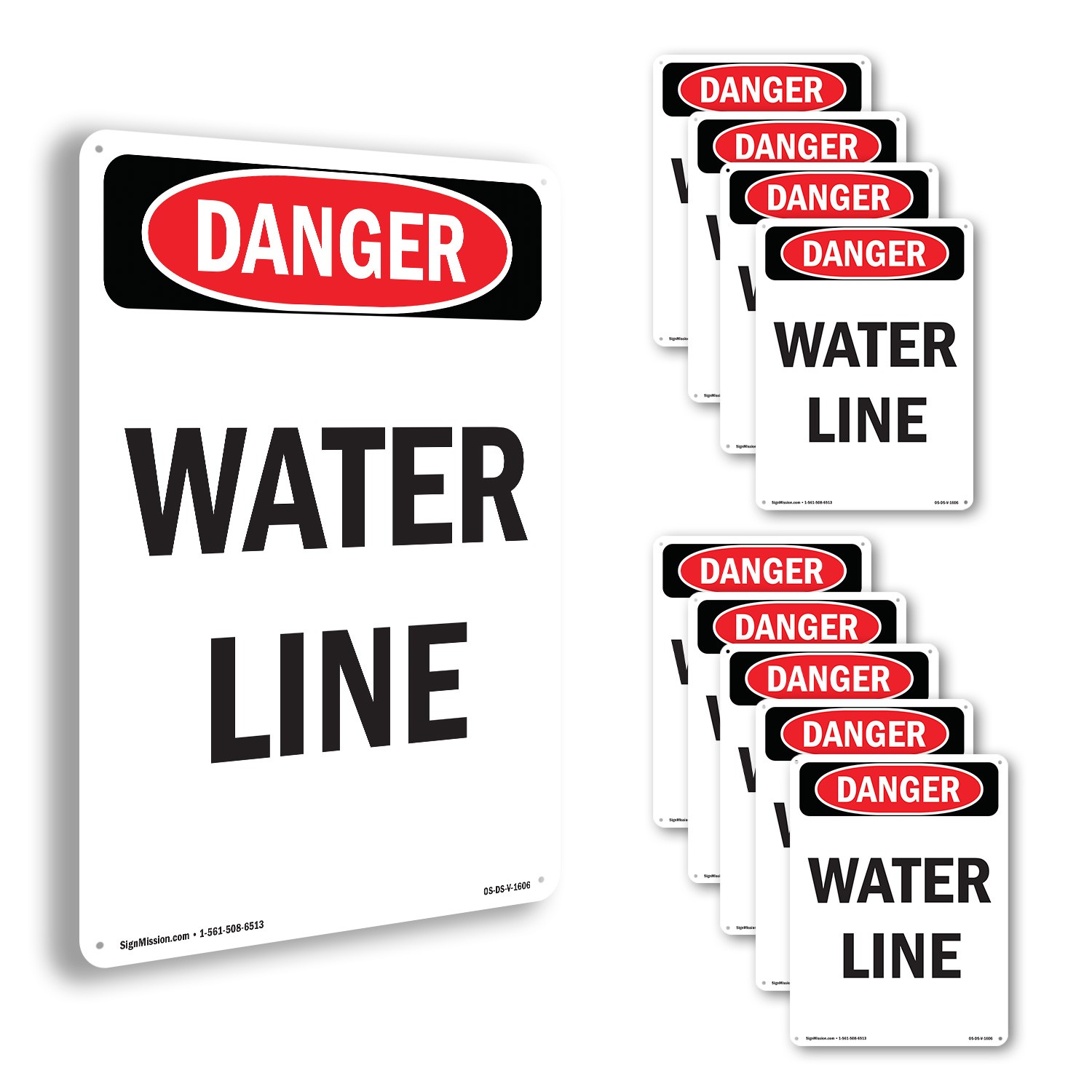 Portrait Water Line OSHA Danger Sign Metal, Plastic, Or Decal – 5 or 10 Pack