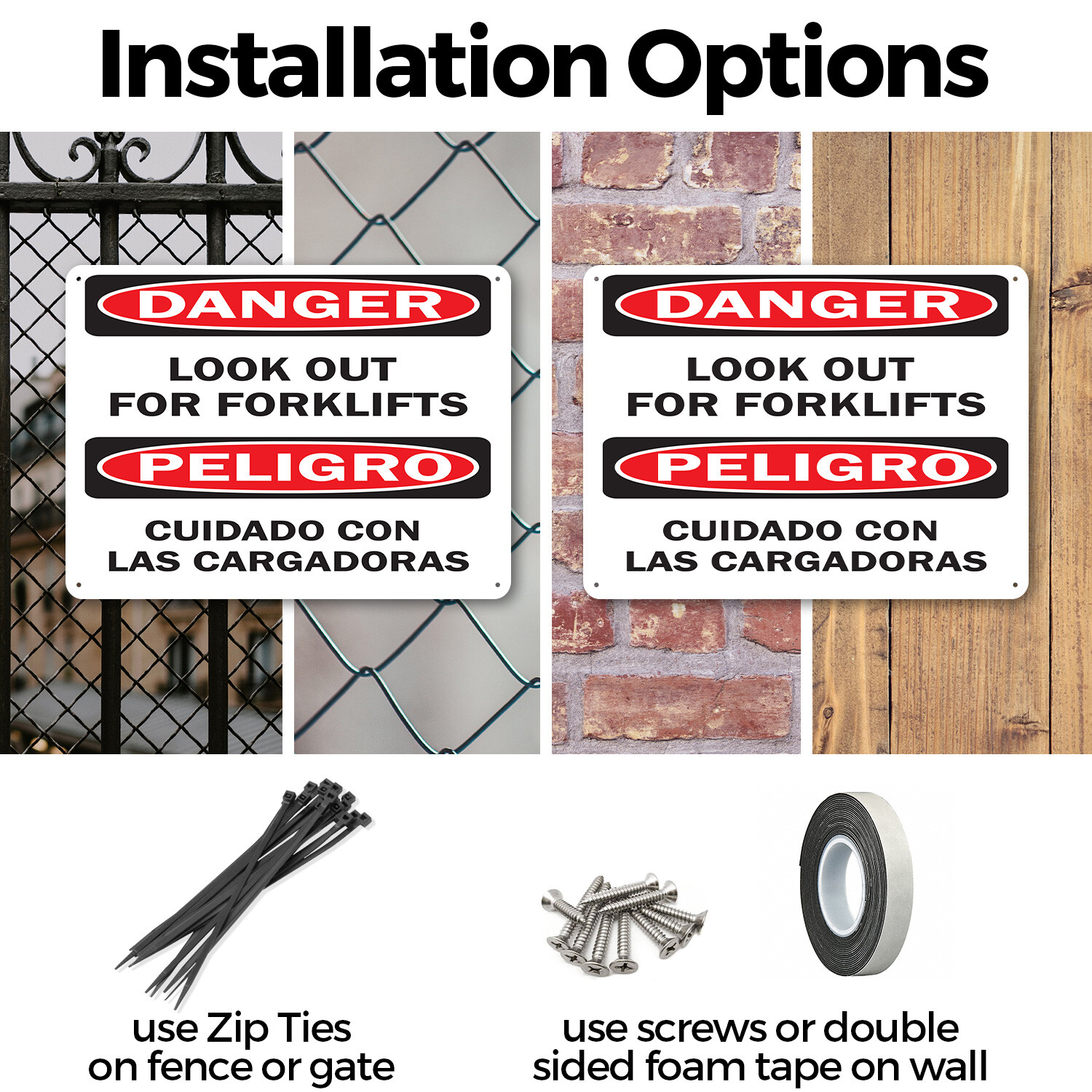 (2 Pack) Look Out For Forklifts Bilingual OSHA Danger Sign Decal Metal Plastic
