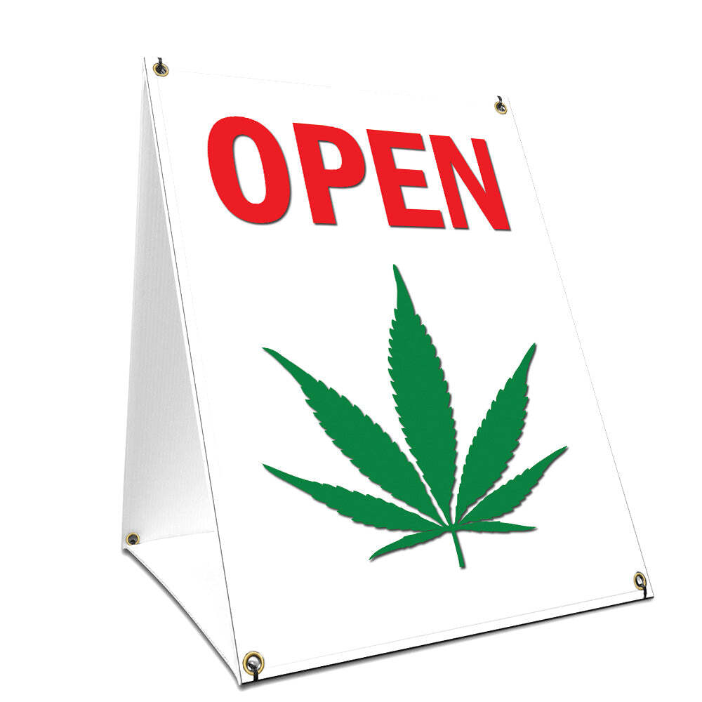 A-frame Sidewalk Cannabis Dispensary Open Sign With Graphics On Each Side