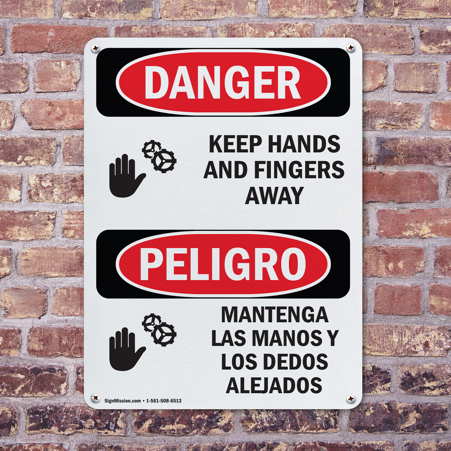 (2 Pack) Keep Hands And Fingers Away Bilingual OSHA Danger Sign Decal Metal