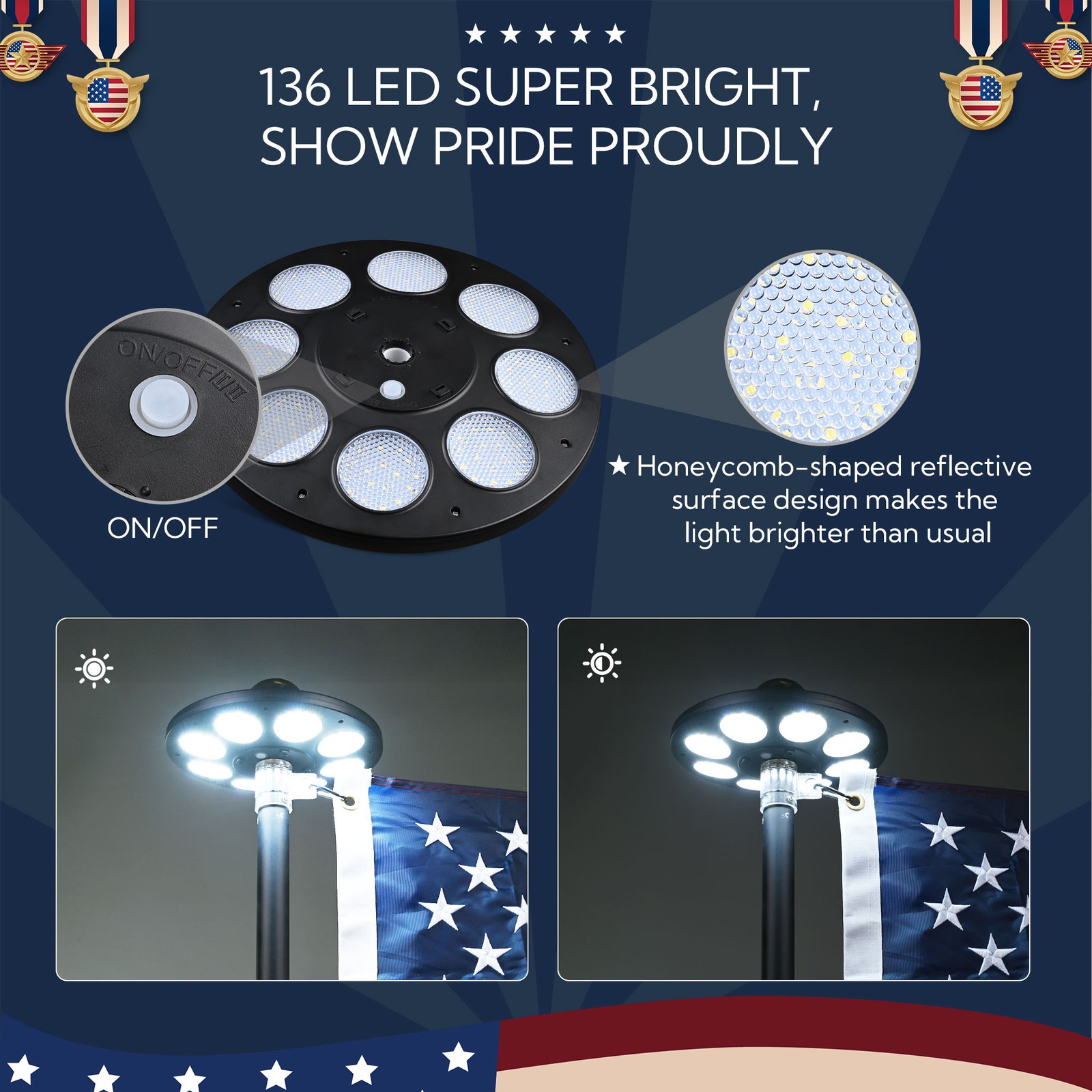 Yescom EZ GO 20′ Telescopic Flag Pole Kit Solar Light US Flag Eagle Topper Black