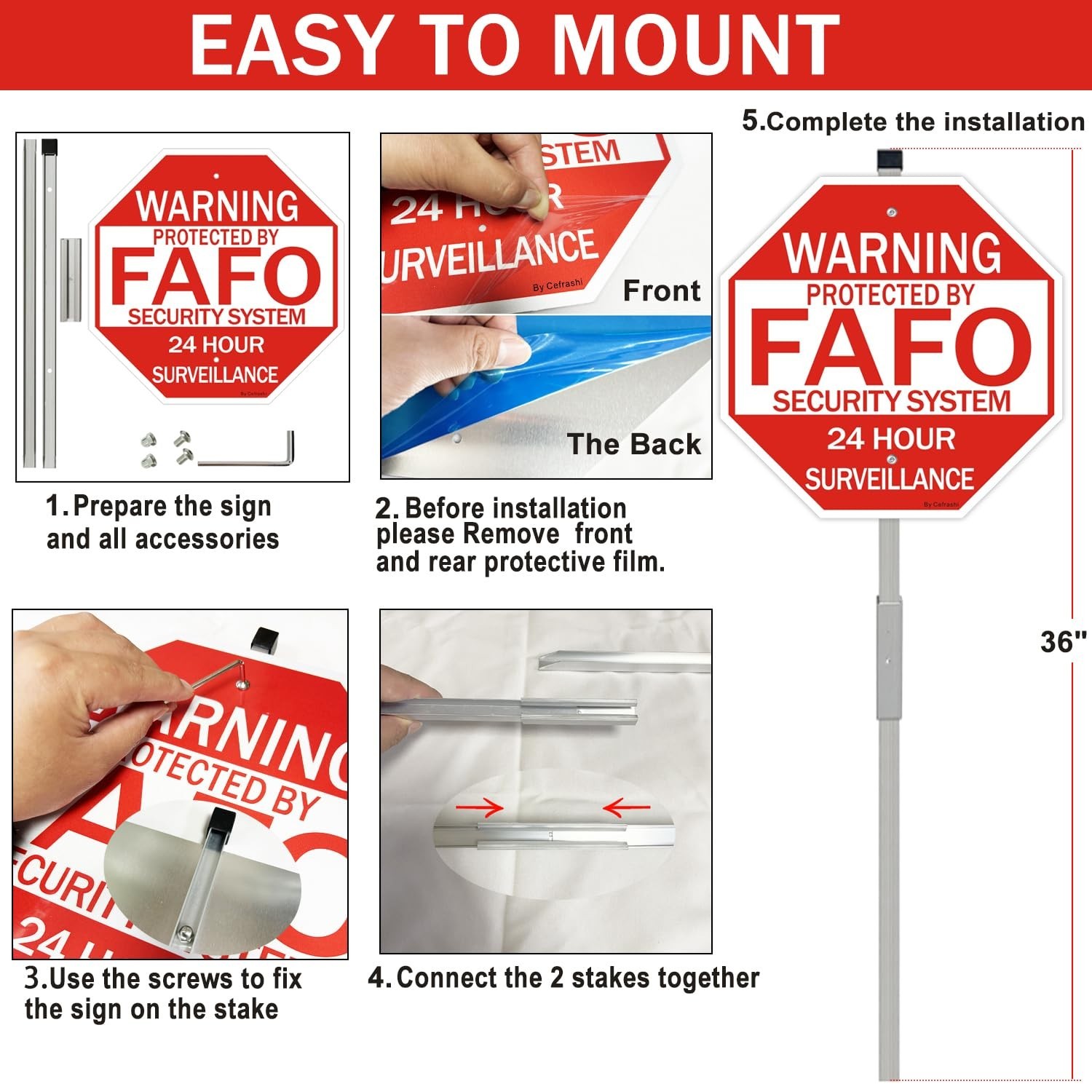 2 Pack Reflective Home Security Signs with 36″ Metal Stakes – Waterproof, UV Pro
