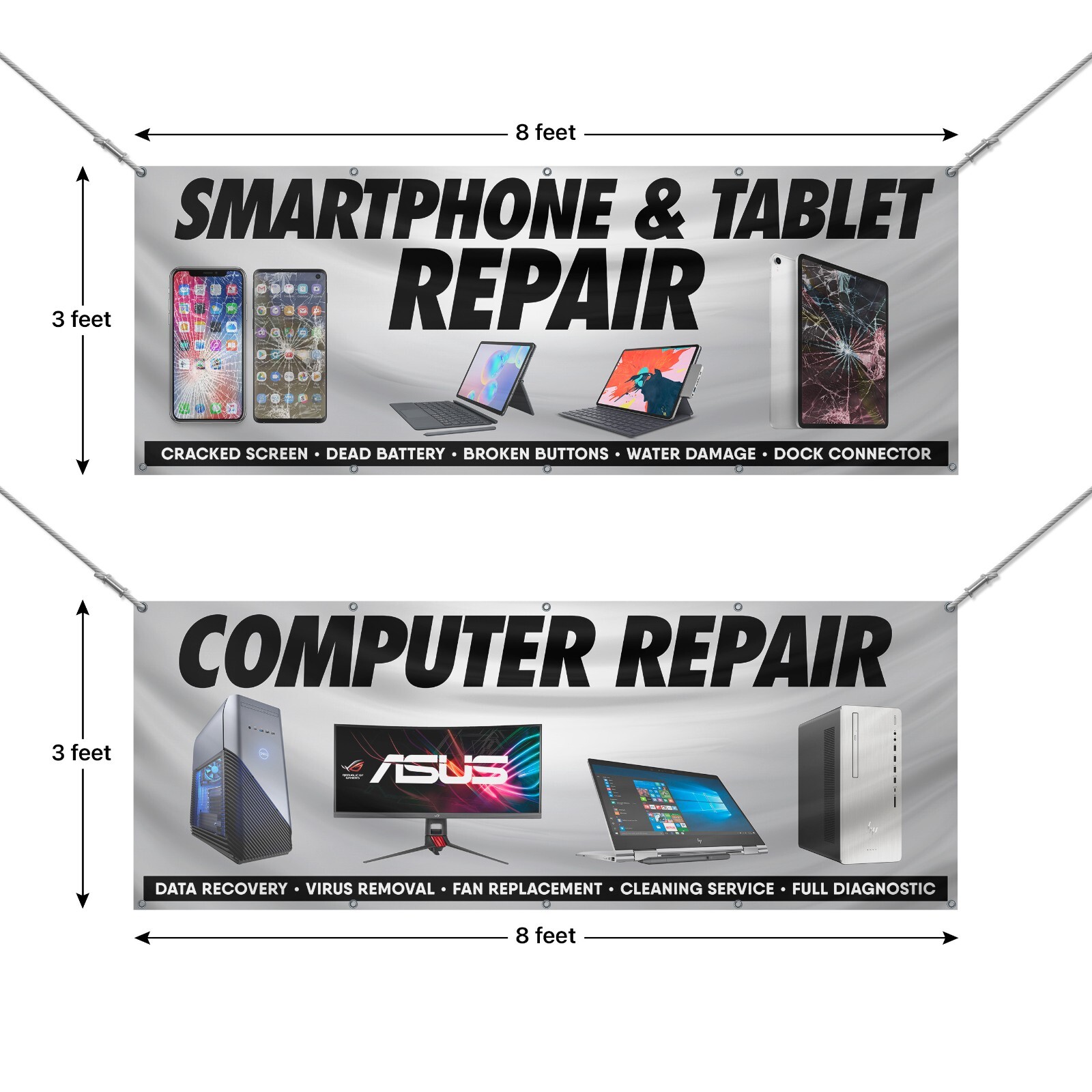 Computer Repair Banner Set Phone Tablet Repair Shop Sign 8×3 Vinyl (2 Banners)