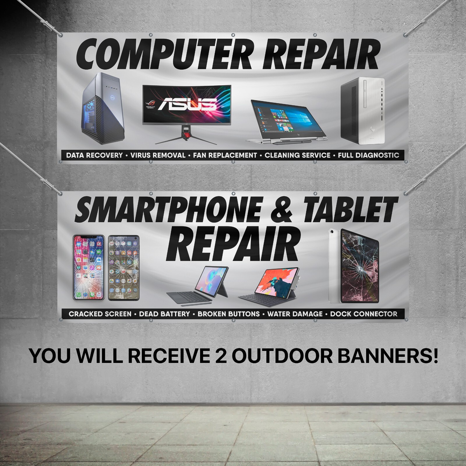 Computer Repair Banner Set Phone Tablet Repair Shop Sign 8×3 Vinyl (2 Banners)