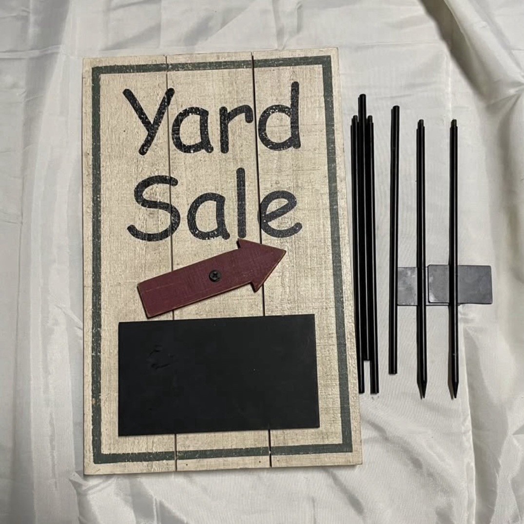 Wood Yard Sale Yard Sign w/ Chalkboard Panel & Metal Stakes, 18×12 in