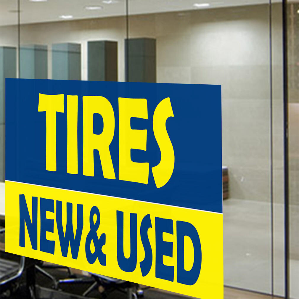 Decal Stickers Tires New and Used Yellow Blue Vinyl Store Sign Label Automotive