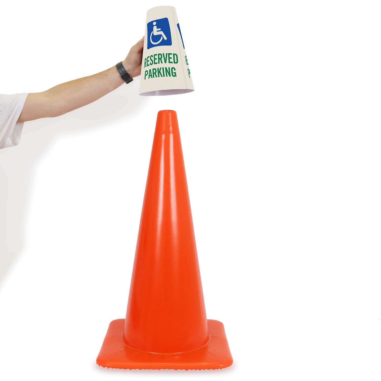 “Reserved Parking with Handicapped Symbol” Bright Reflective Cone Message Sle…