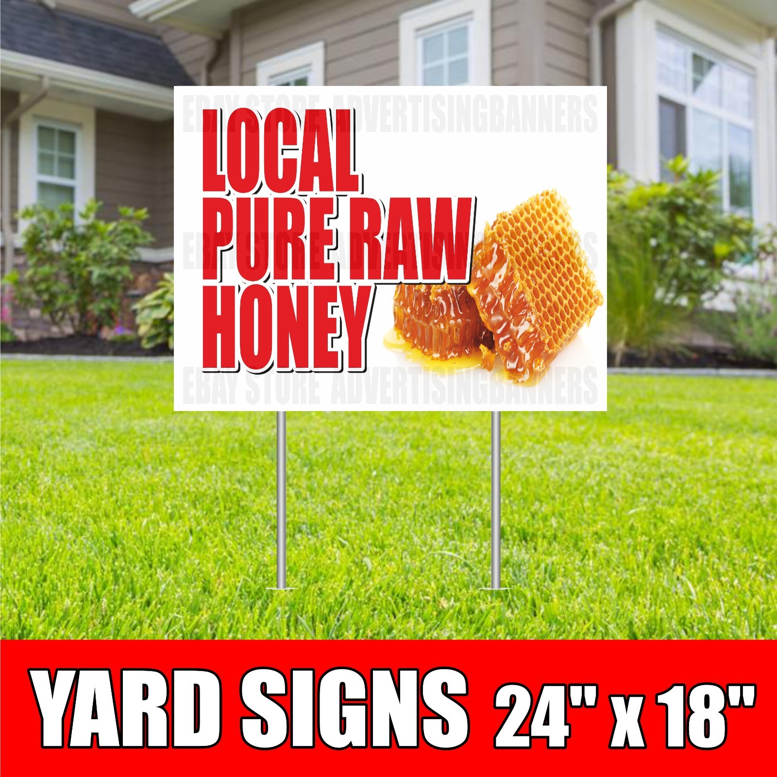 LOCAL PURE RAW HONEY Yard Sign with H-Stakes honeycomb bees homemade SOLD HERE