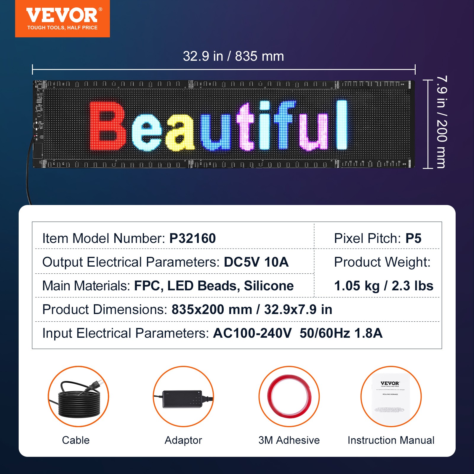 VEVOR 32.9″x8″ Programmable LED Sign Scrolling Display Board P5 Full Color