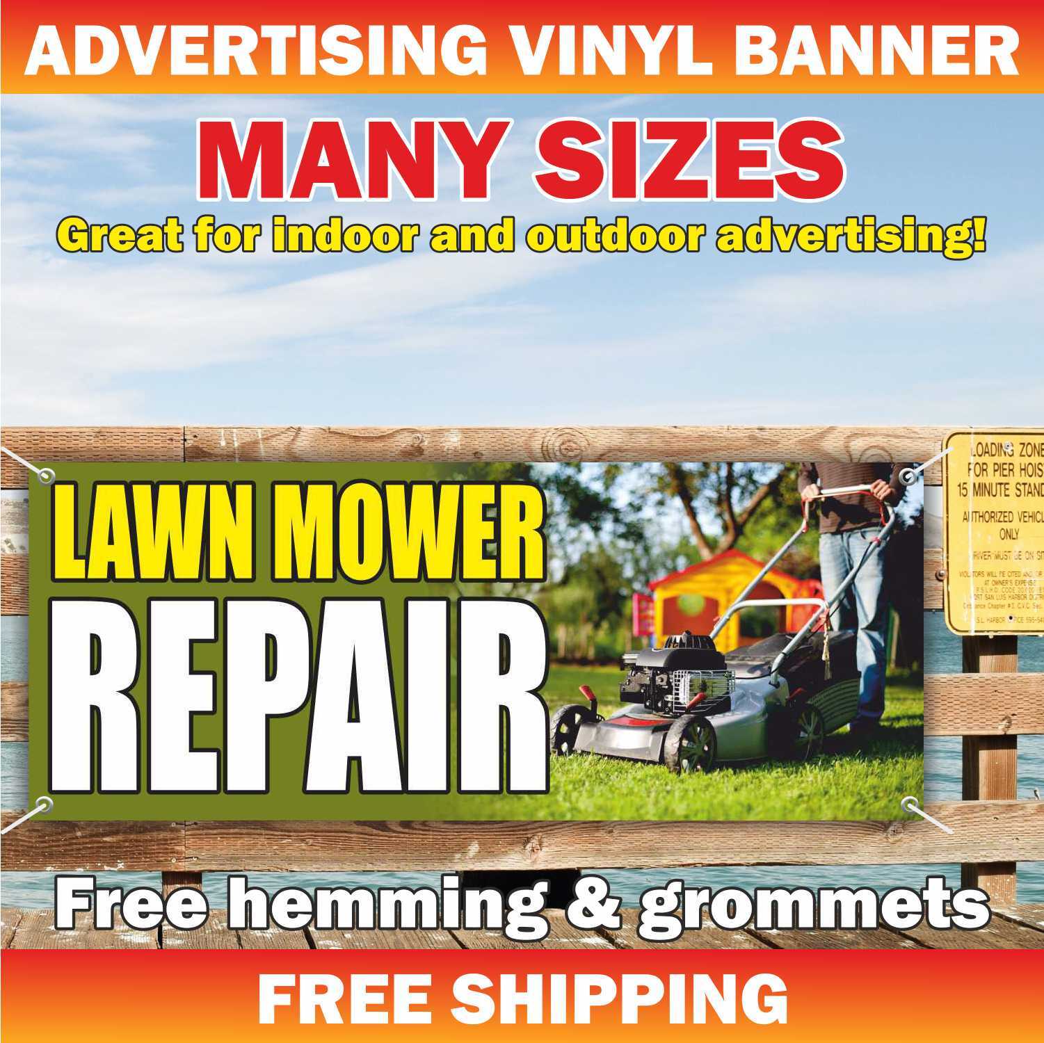 LAWN MOWER REPAIR Advertising Banner Vinyl Mesh Sign blades oil grass landscape