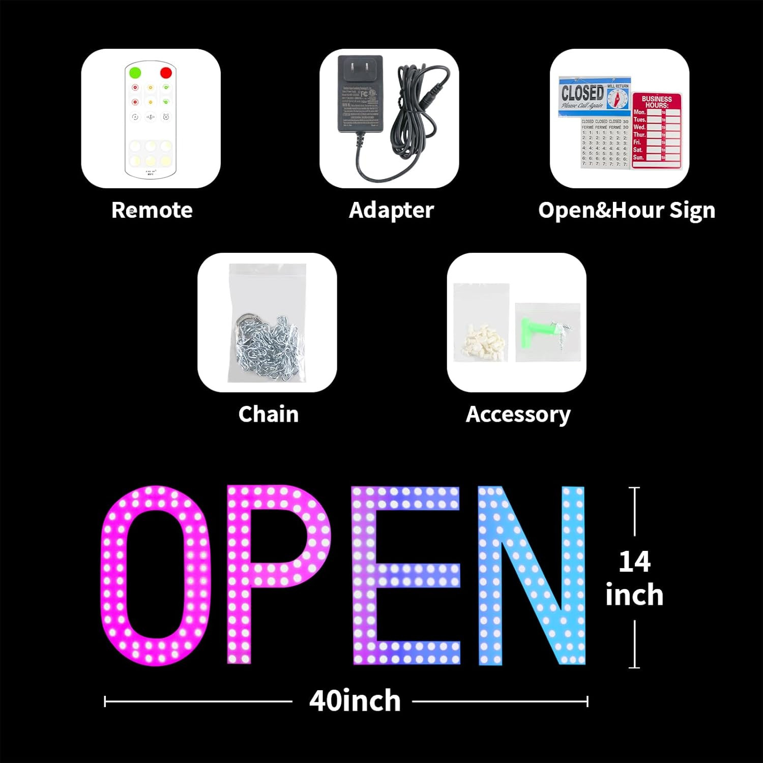 Super Bright Multi-Color LED Open Sign for Stores & Restaurants – 40″ x 14