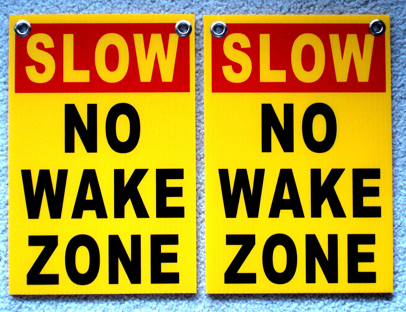 (2) SLOW – NO WAKE ZONE 8″ x12″ Plastic Coroplast Signs with Grommets yellow