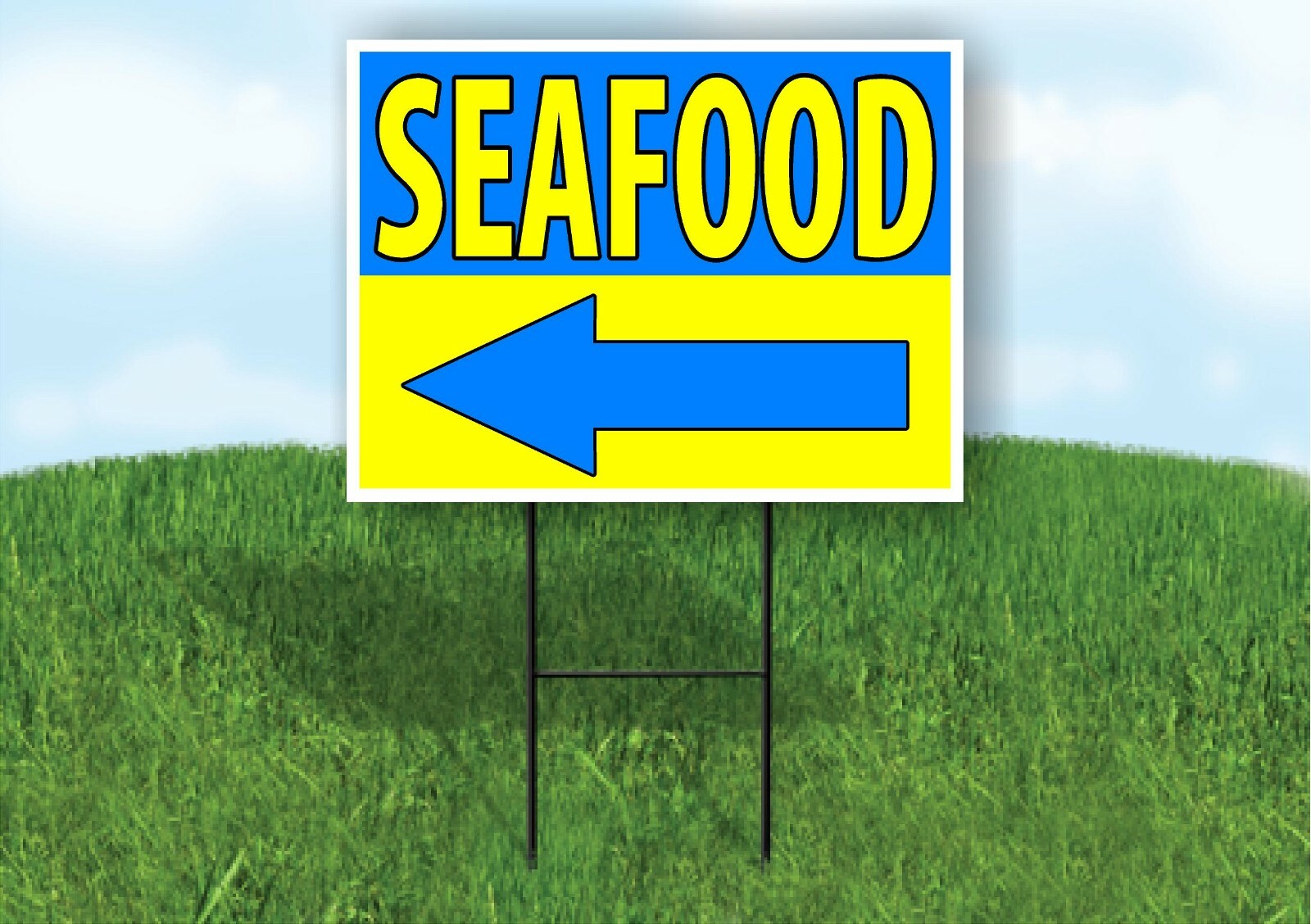 SEAFOOD LEFT ARROW BLUE YELLOW Yard Sign Road with Stand LAWN SIGN Single sided