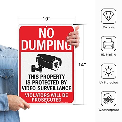 14×10 Inches No Dumping Signs Video Surveillance Reflective Aluminum 2 Pack