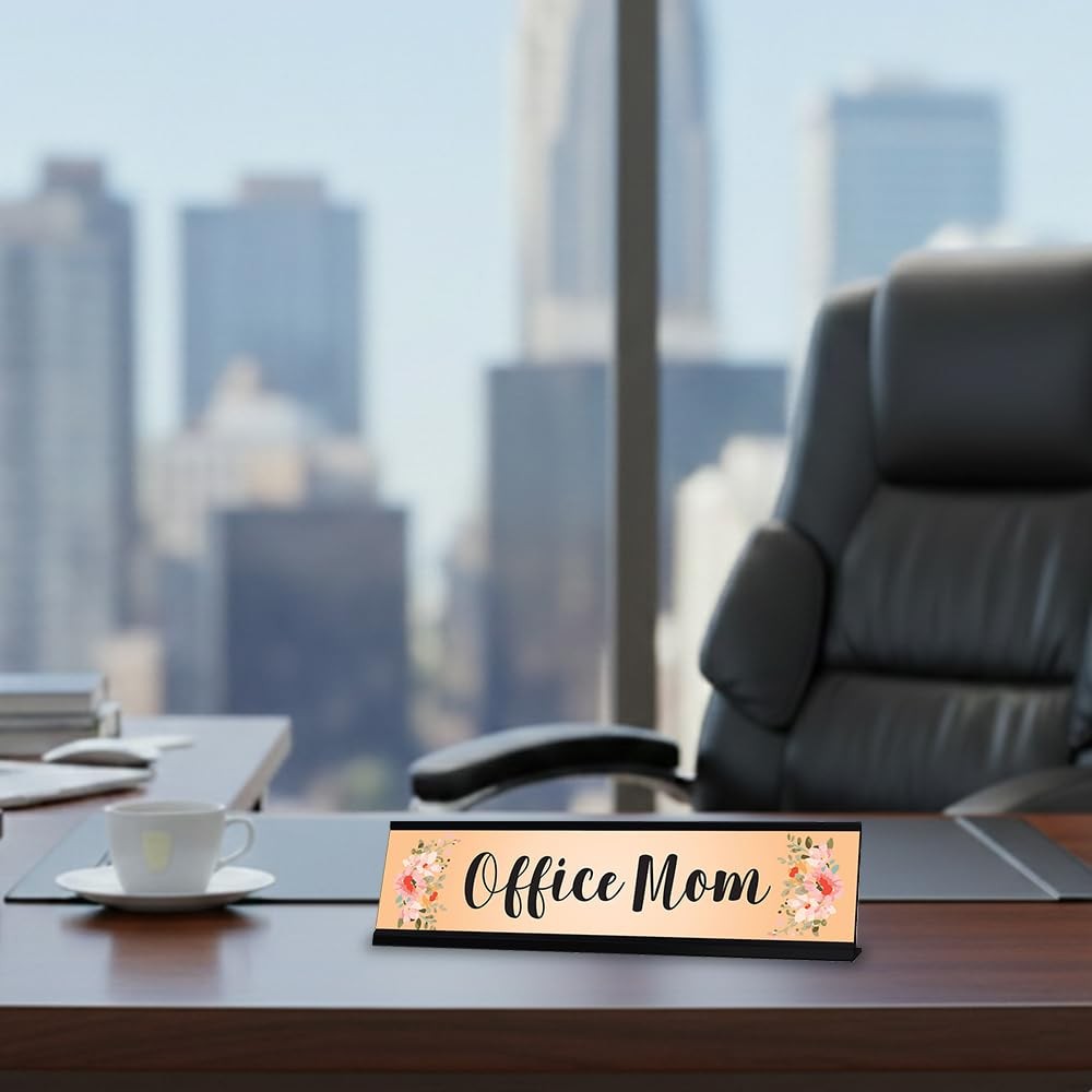 Office Mom, Orange Floral Designer Office Gift Desk Sign (2 x 8″)