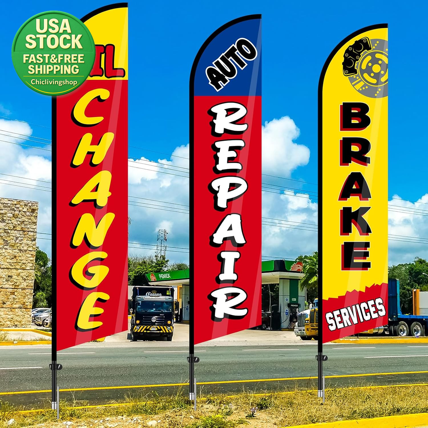Auto Repair Shop Feather Flags 3 Pack 12X2.5Ft Windless Advertising For