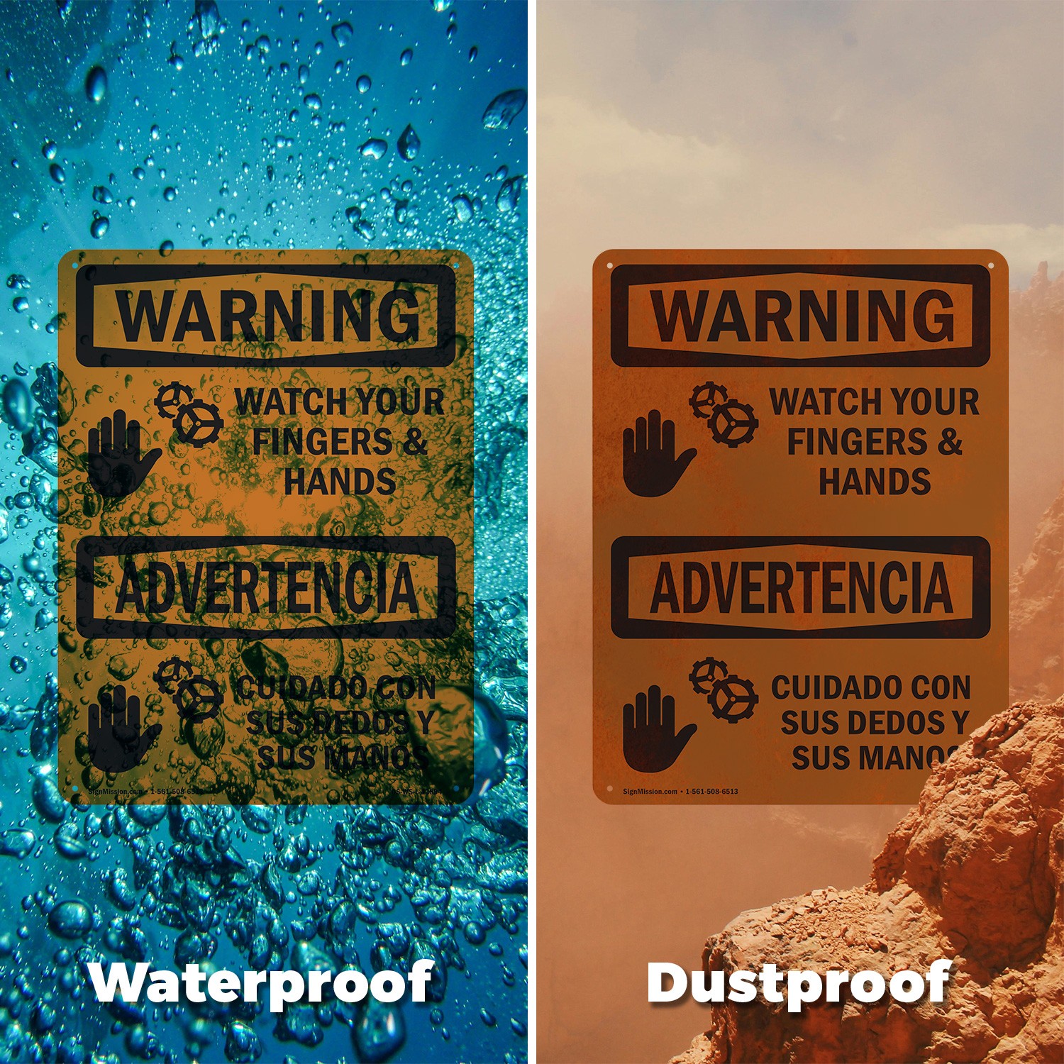 Watch Your Hands And Fingers Bilingual OSHA WARNING Sign Or Decal – 5 or 10 Pack