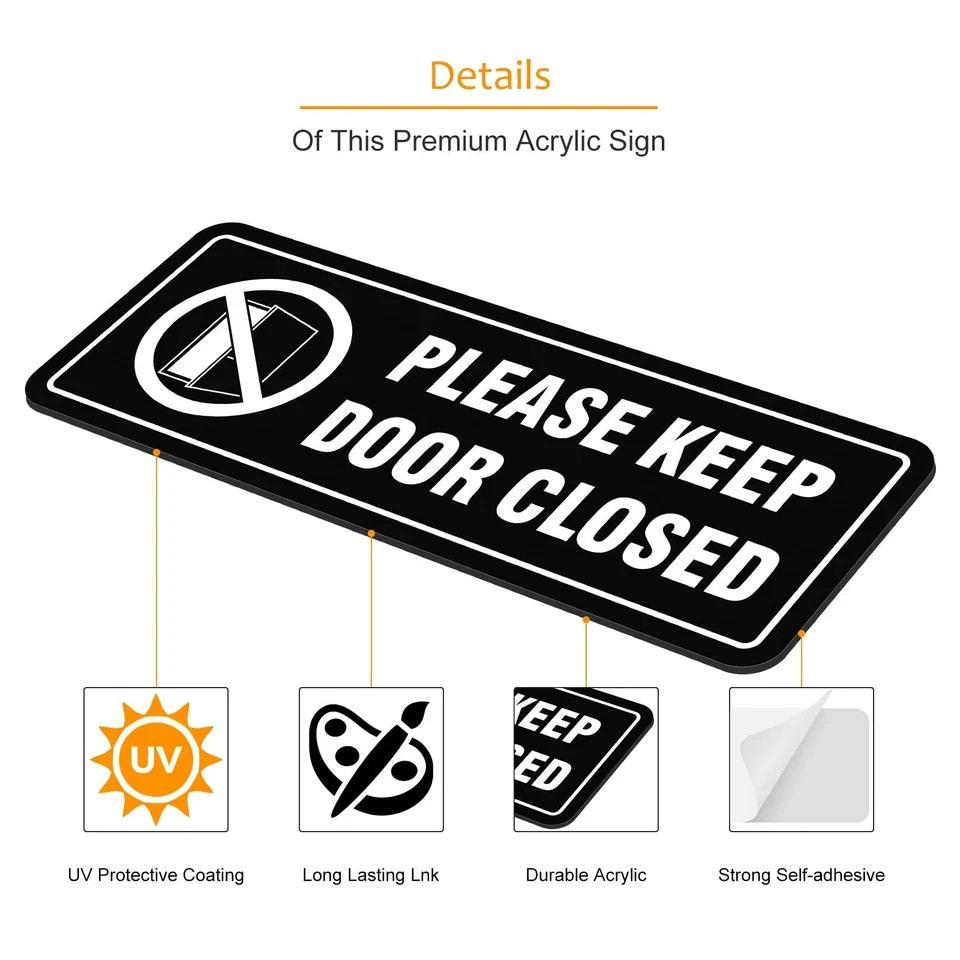 4 Pack- Please Keep Door Closed Signs Self-Adhesive, 8x3inch, Black（Acrylic）