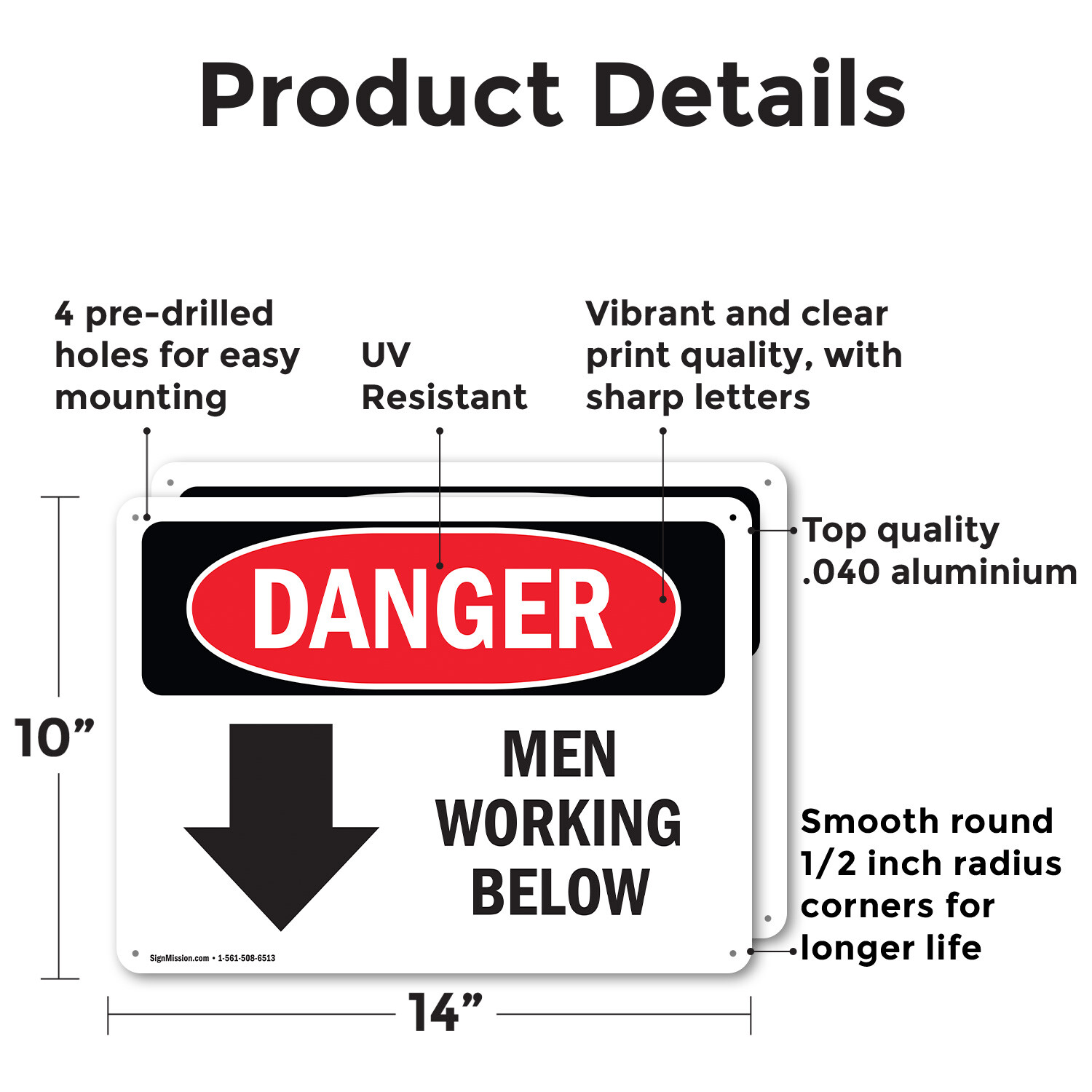 (2 Pack) Men Working Below OSHA Danger Sign Decal Metal Plastic