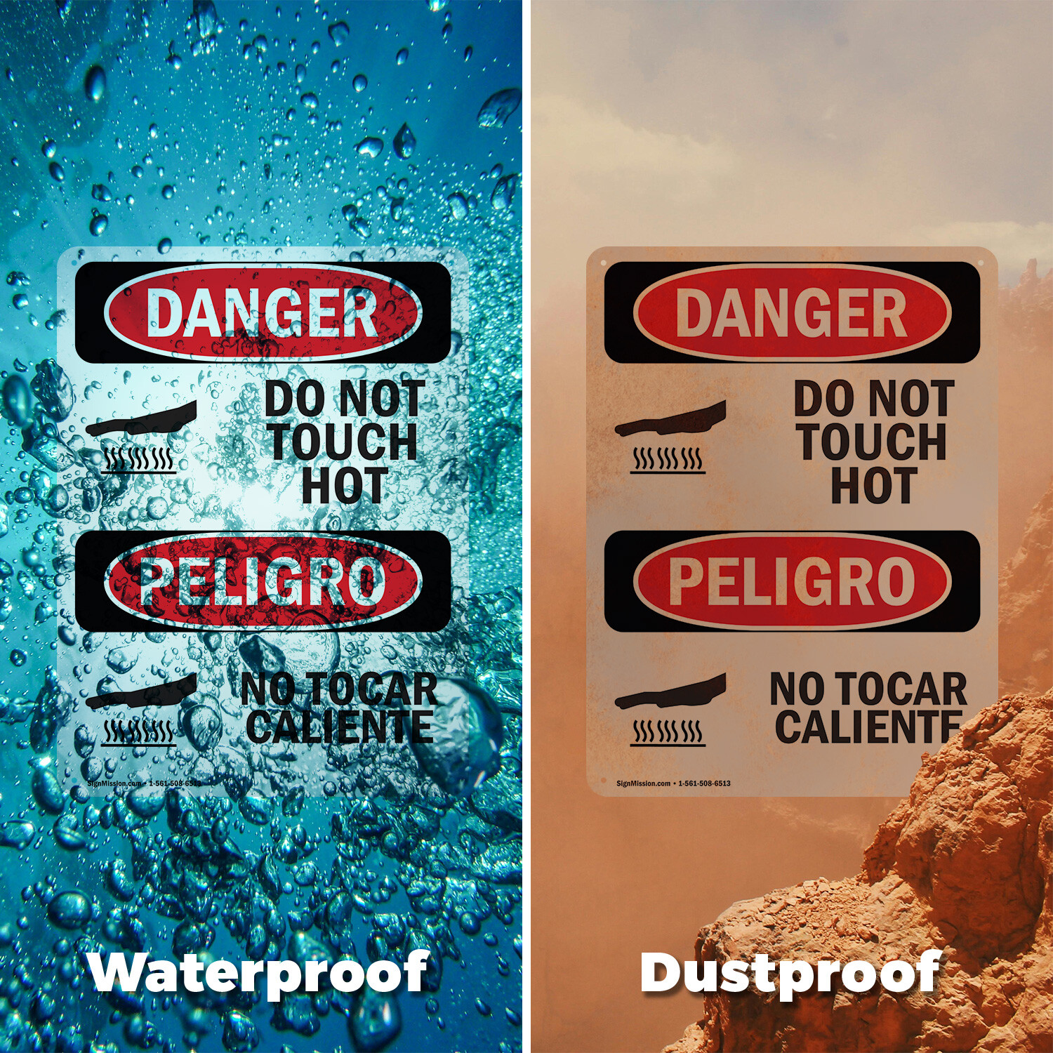 (2 Pack) Do Not Touch Hot Bilingual OSHA Danger Sign Decal Metal Plastic