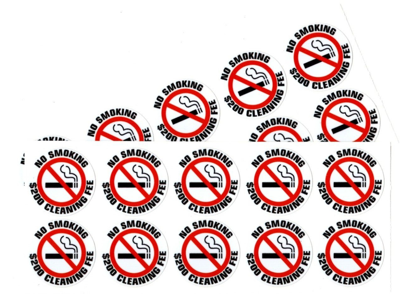 20 – NO SMOKING $200 CLEANING FEE sticker | white | 1.5″ dia | outdoor durable