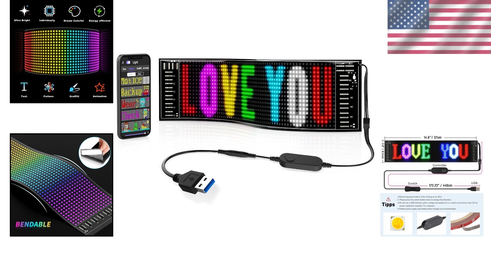 Programmable 15”x4” LED Display Sign – Vibrant Colors, App Control Included