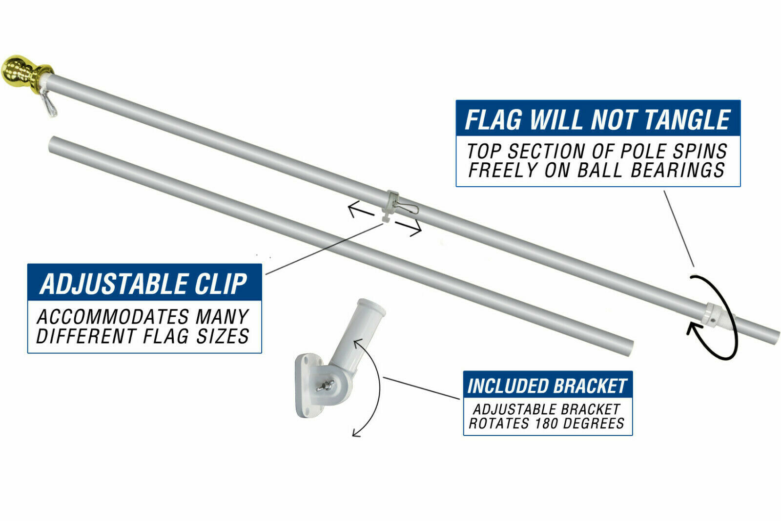 6ft Flag Pole Tangle Free Flag Pole Spinning Residential Wall Pole Kit Bracket S