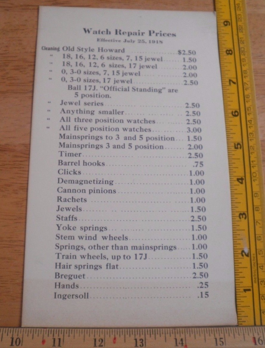 1918 Antique Watch Repair Shop prices sheet thick sign watchmaker Howard jewel