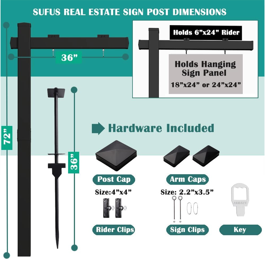 Black Real Estate Sign Post Vinyl PVC Flat Cap 6ft. (4″x 4″x 72″) Realtor Sign