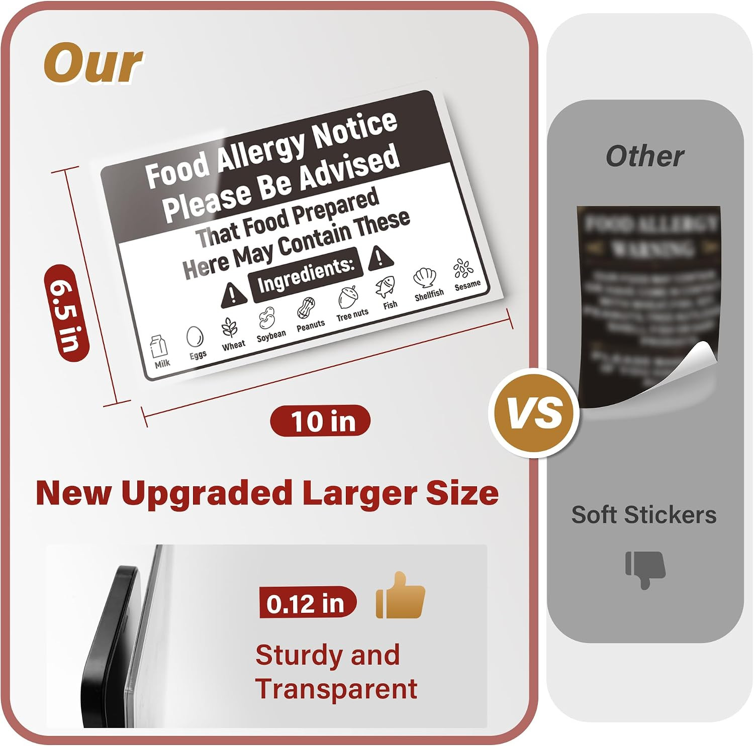 Upgraded Food Allergy Notice Sign, 9 Food Allergens Acrylic Caution Warning Sign