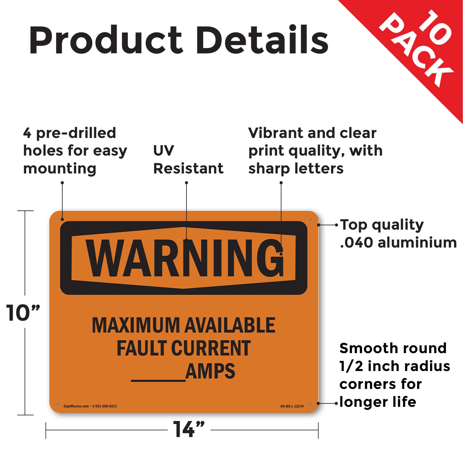 Maximum Available Fault Current____Amps OSHA WARNING Sign, Decal 5 or 10 Pack