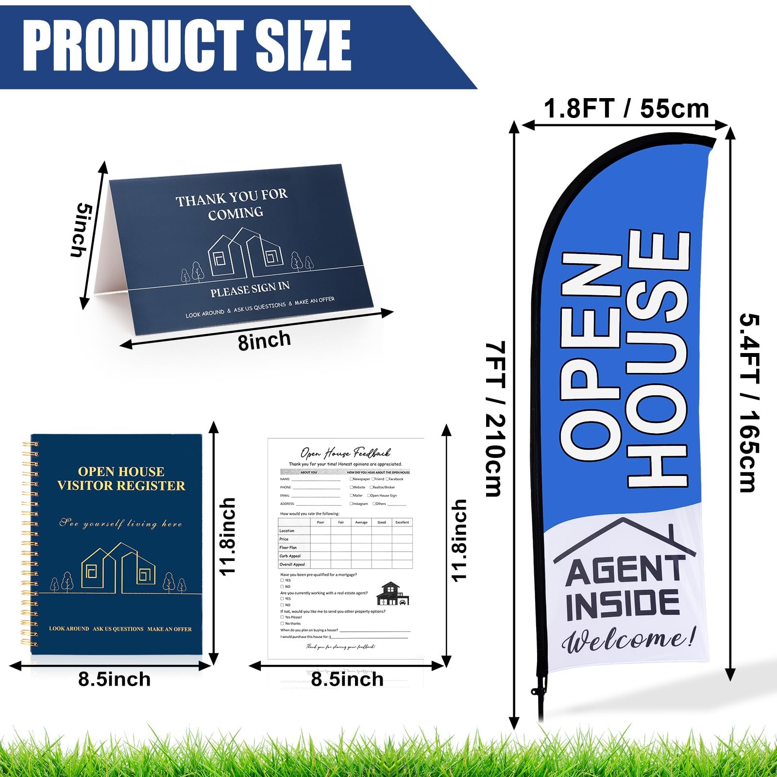 153 PCS Open House Signs Real Estate Agents Flag Pole Kit Guest Book Blue