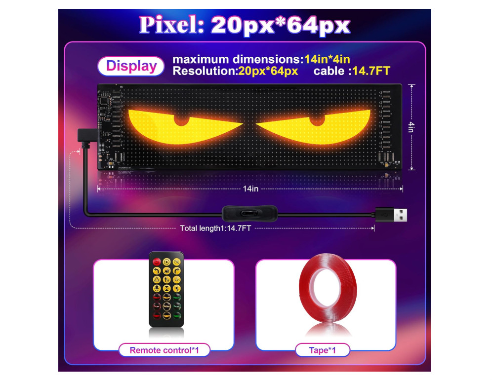64×20 LED Car Eyes Display Sign – Programmable Scrolling Text & Animation