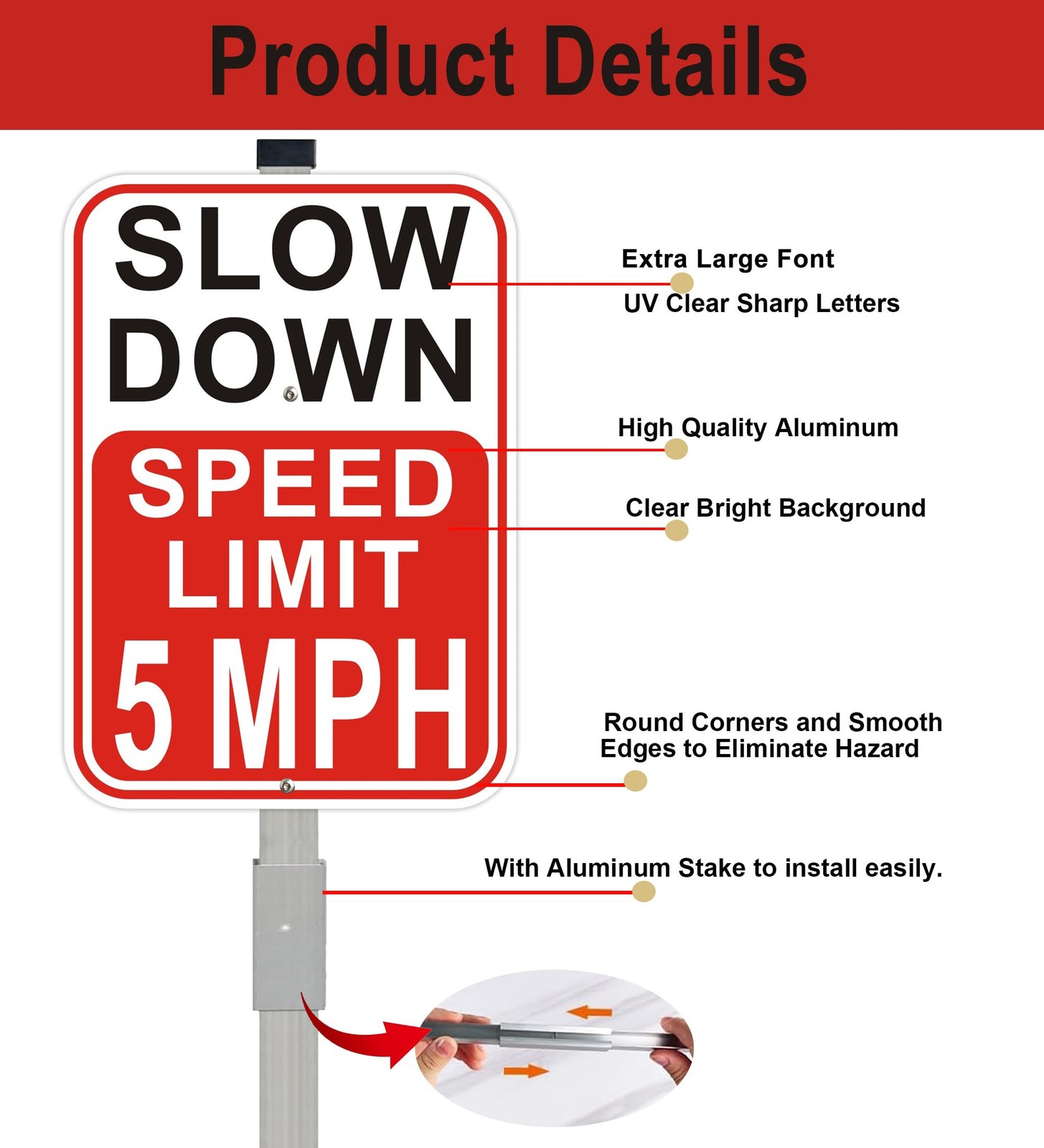 2 PCS 14×10 Inch Speed Limit 5 MPH Slow Down Sign With 36 Inch Stakes Alum